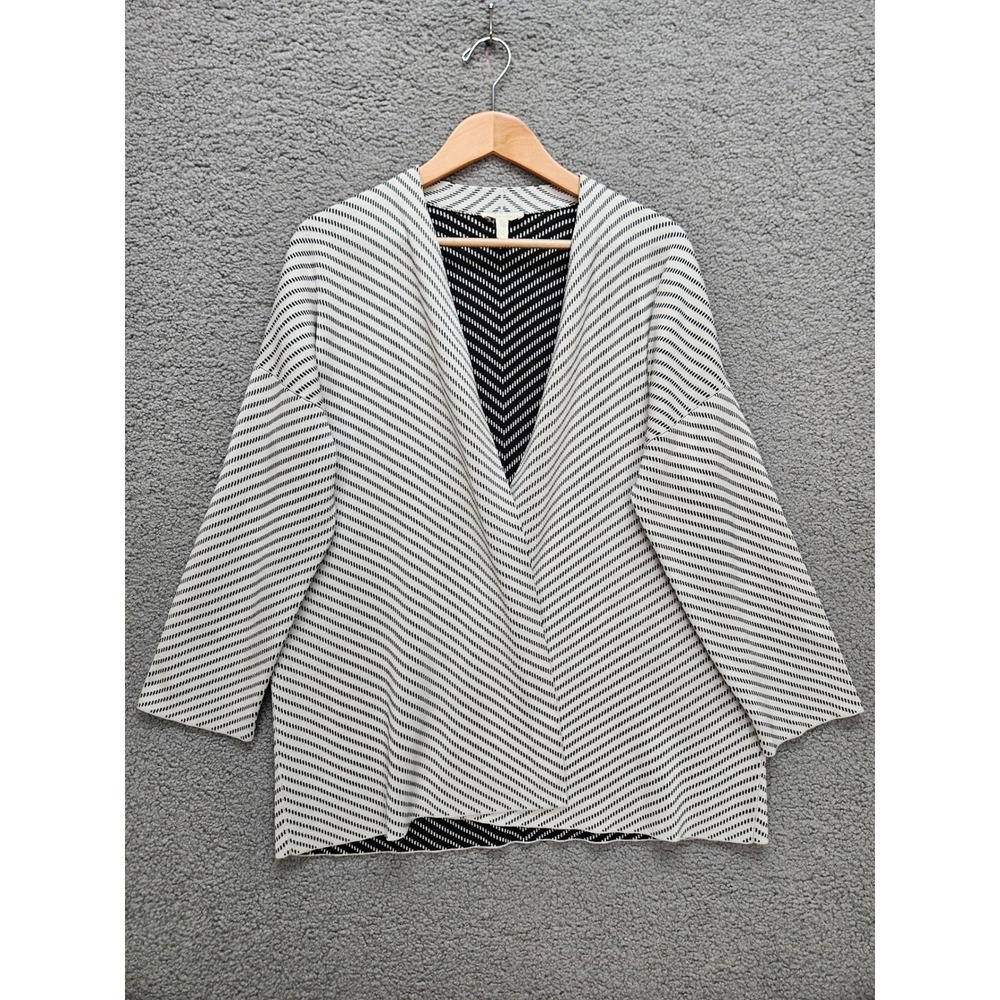 Eileen Fisher Cardigan S Black White Silk Cotton Chevron Open Front Kimono Wrap
